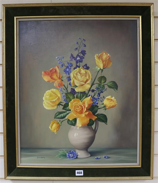 James Noble (1919-1989) Fresh Roses with a Spray of Delphiniums 60 x 50cm